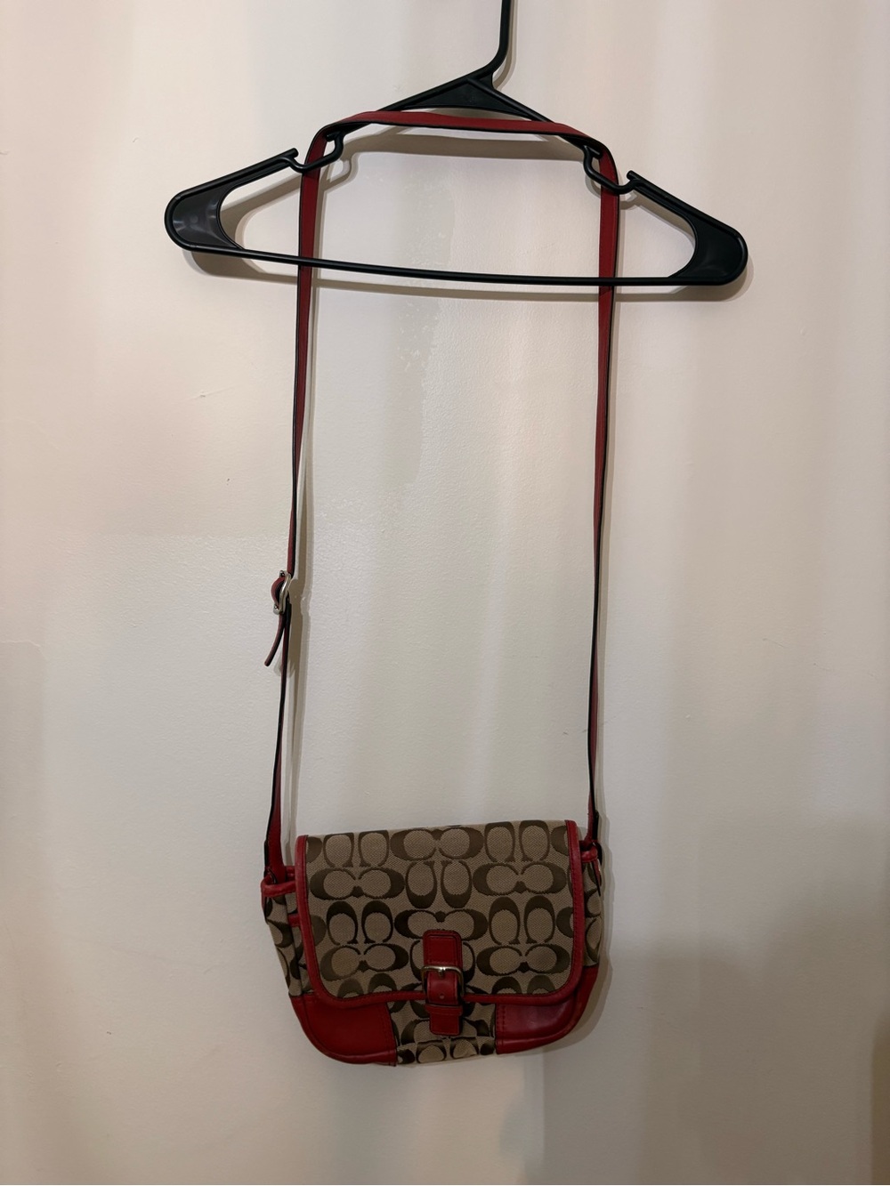 Coach Khaki Signature Canvas Crossbody with Red Trim